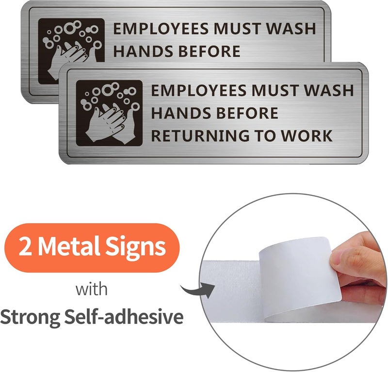 MongFun Employees Must Wash Hands Sign, (2 Pack) Self-adhesive Metal Signage for Office Bathroom, 9 x 3 Inch Waterproof Aluminum Signs for Indoor Outdoor Use (Brushed Aluminum) - Image 2